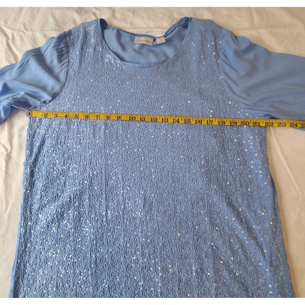 Chicos Sz 2 Resort Beach Vacation Hippie Boho Light Blue Sequin Sheer Tunic Top - Picture 3 of 11